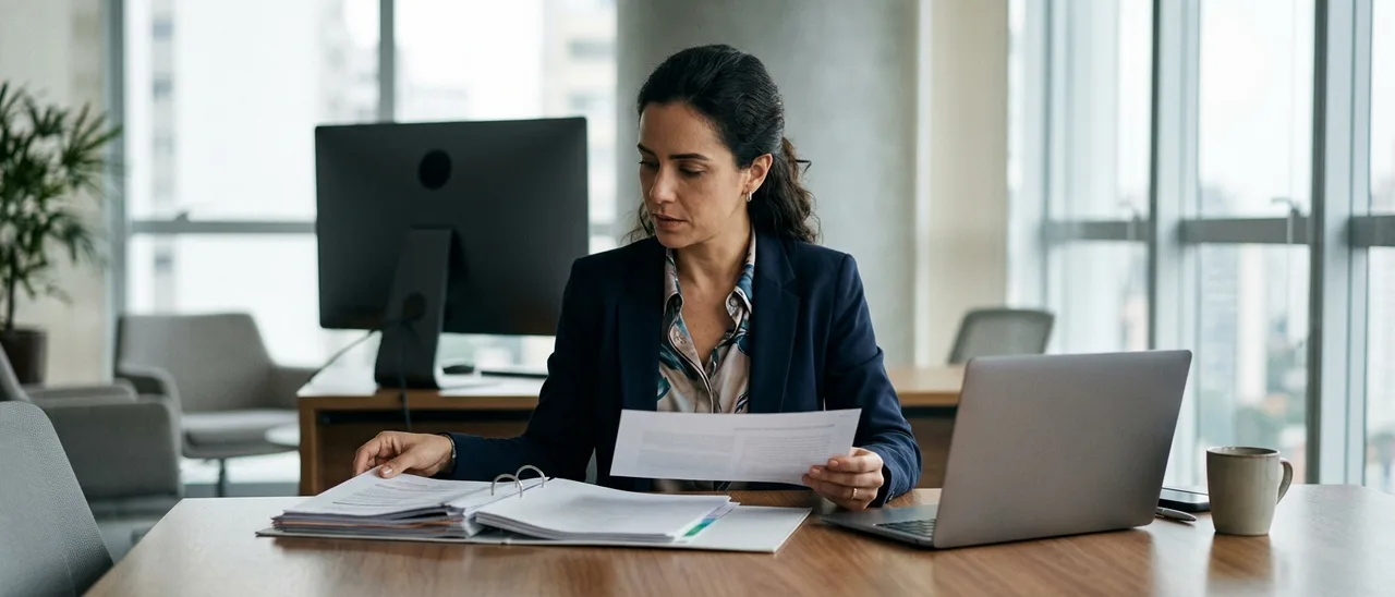 Mulher de blazer azul sentada à mesa de reunião lê uma folha impressa ao lado de um fichário aberto, com laptop e monitor ao fundo.