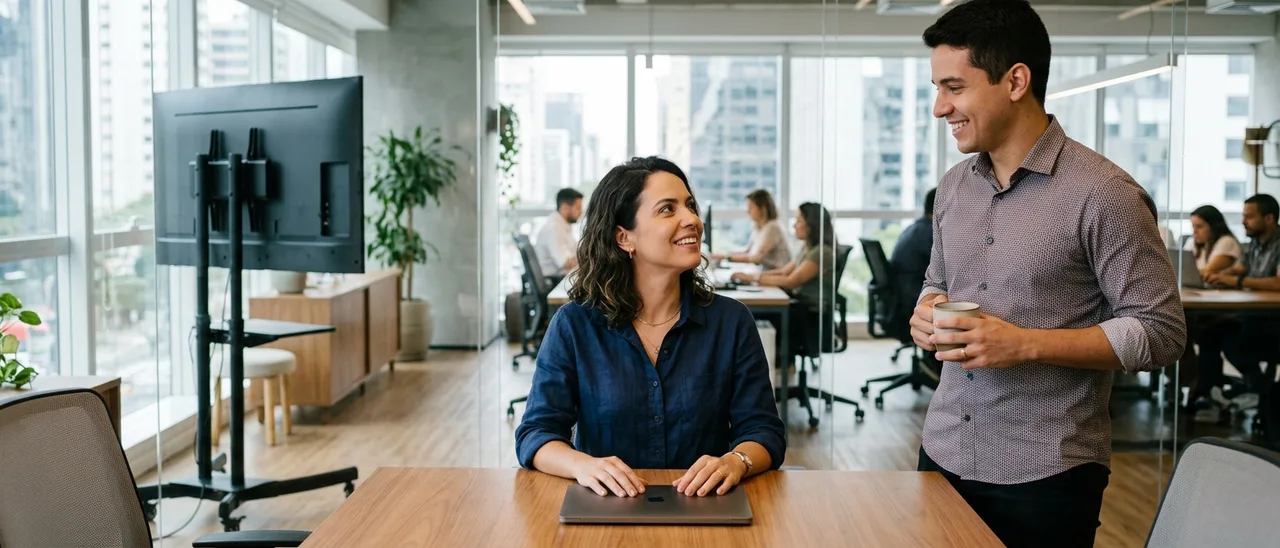 Mulher de camisa azul sentada à mesa com as mãos sobre notebook fechado sorri para colega em pé segurando caneca, em escritório com paredes de vidro.