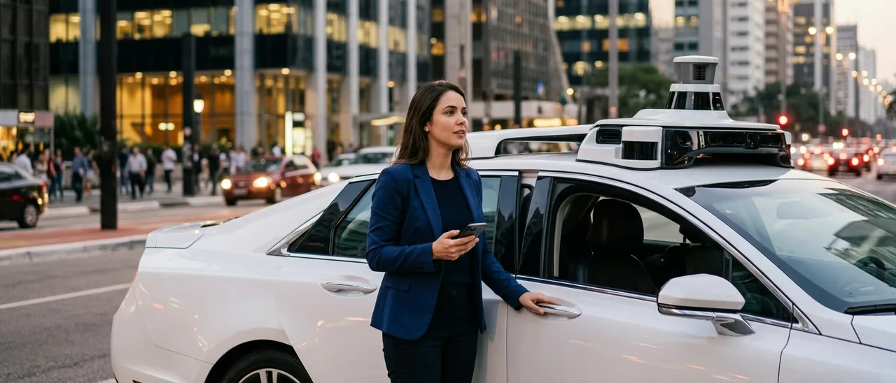 Mulher de blazer azul segura celular ao lado de táxi autônomo branco com sensores no teto, em avenida movimentada ao anoitecer.