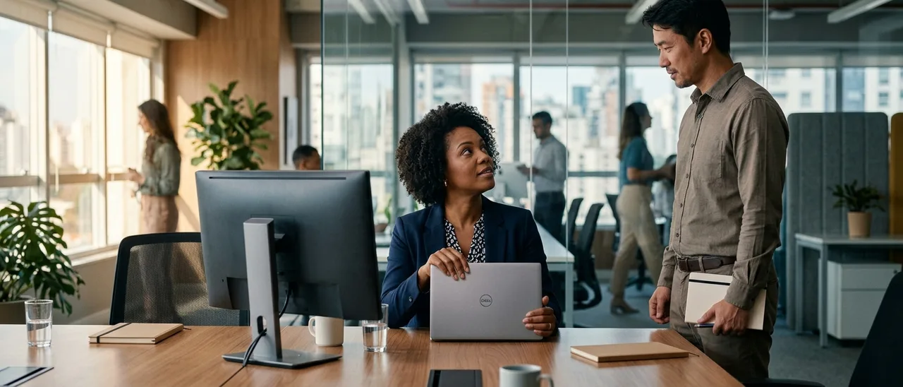 Mulher sentada à mesa de reunião com laptop fechado olha para colega em pé ao lado, em escritório envidraçado com vista da cidade.