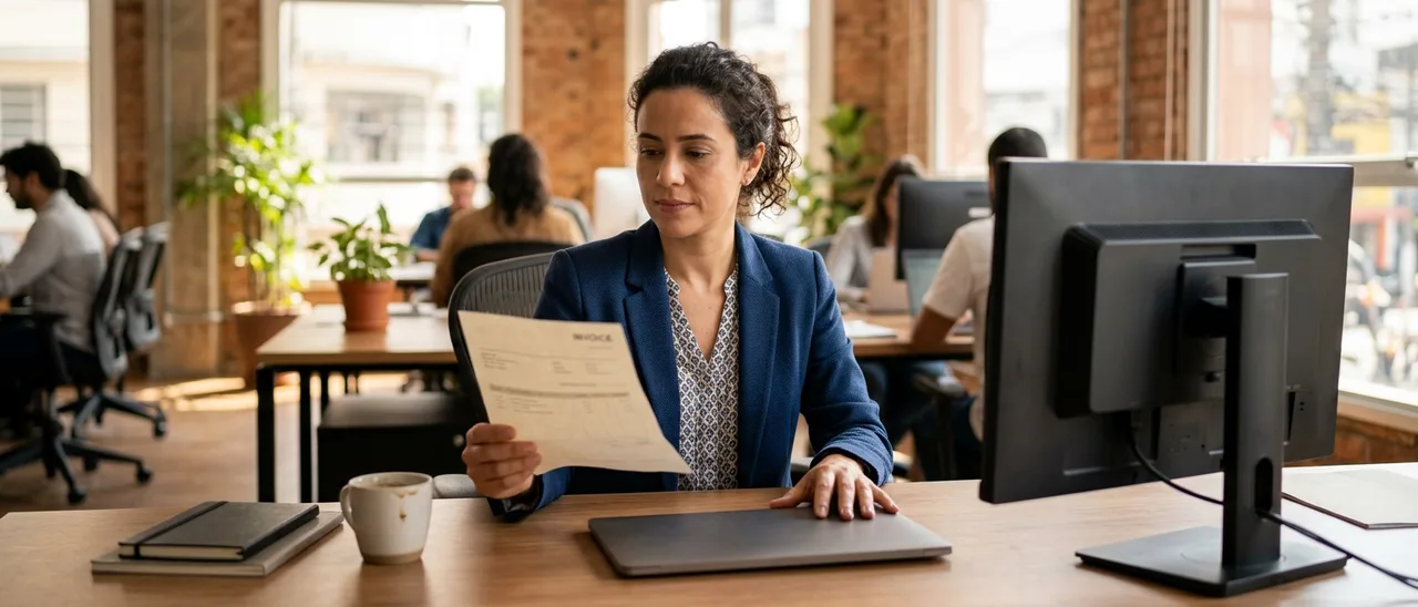 Mulher de blazer azul sentada em escritório aberto lê um papel impresso; ao lado, laptop fechado, caneca de café e monitor de costas para a câmera.
