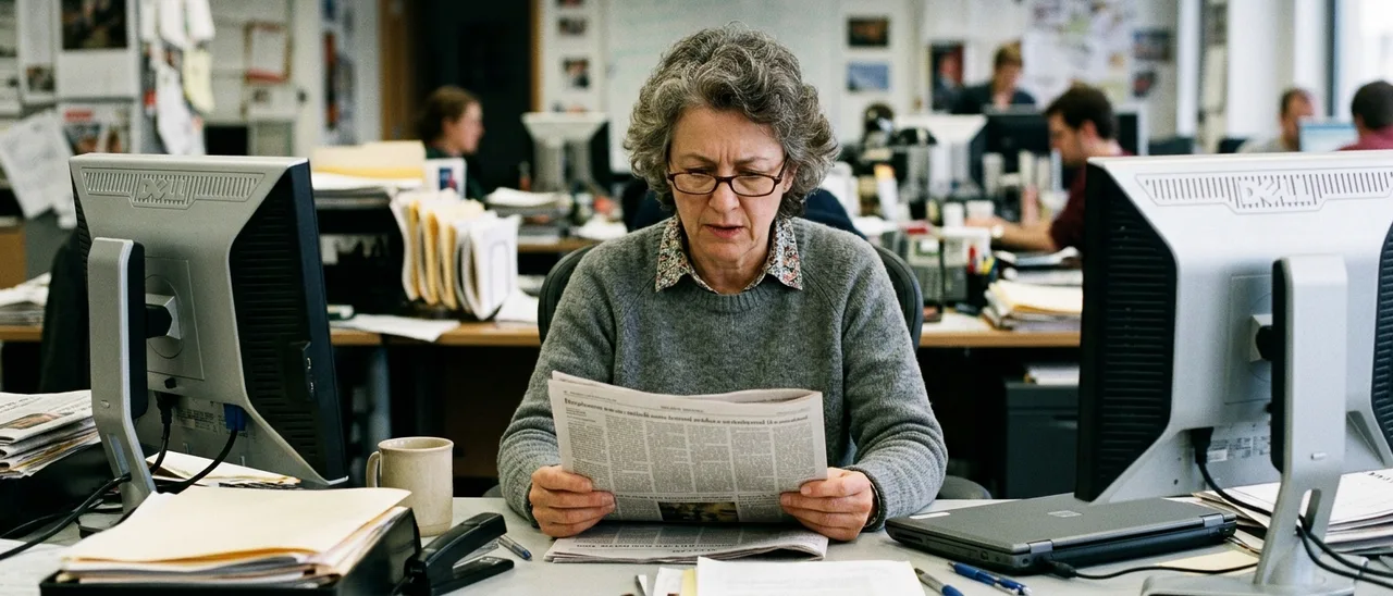 Mulher grisalha de óculos e suéter cinza lê jornal impresso em mesa de redação, entre monitores, laptop e papéis, com colegas ao fundo.