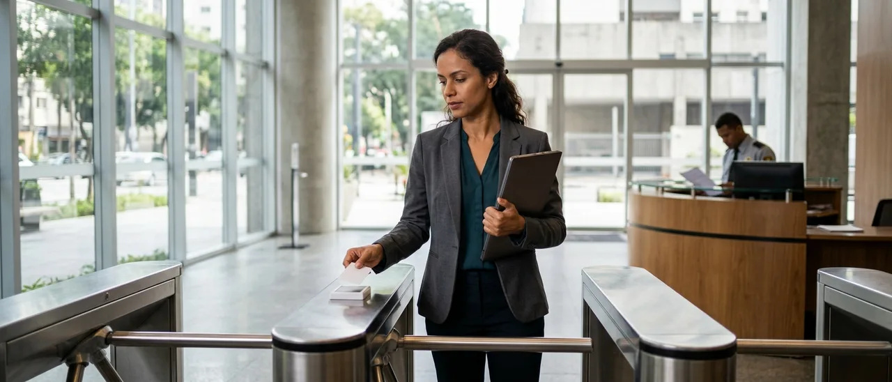 Mulher de blazer cinza passa cartão de acesso no leitor de uma catraca em lobby de escritório, com notebook sob o braço e recepção ao fundo.