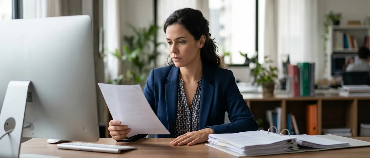 Mulher de blazer azul sentada à mesa de escritório lê uma folha impressa, com fichário grosso de documentos ao lado e monitor de costas.