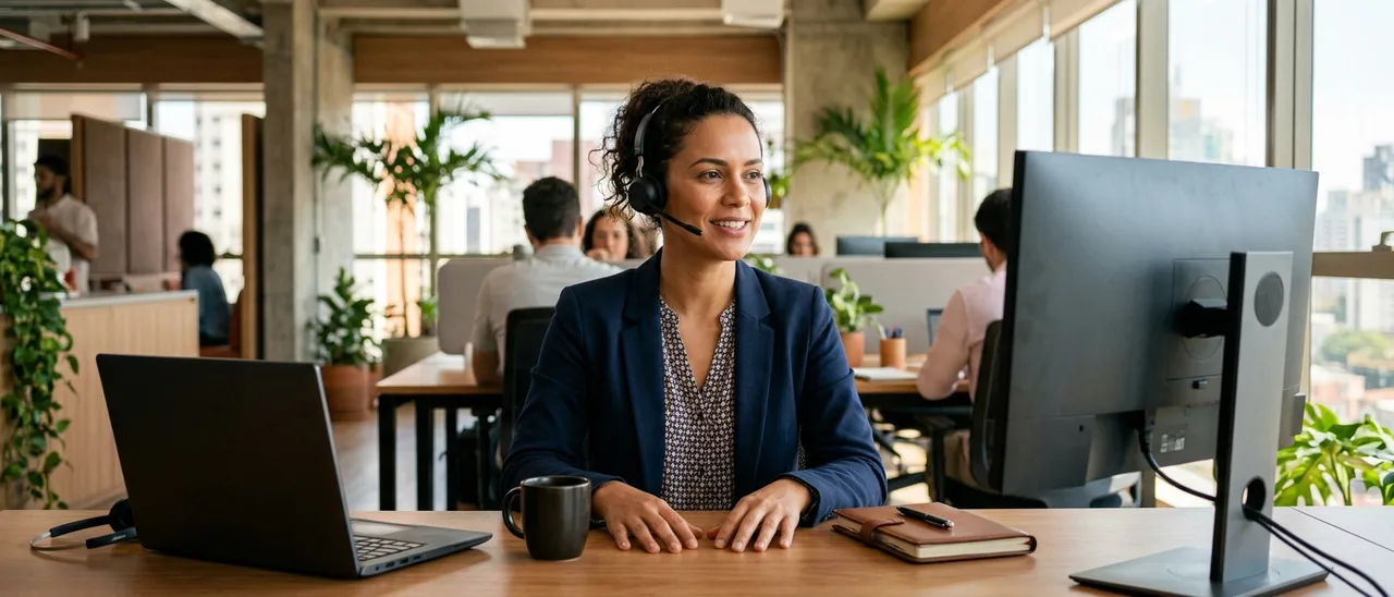 Mulher de blazer azul e headset sorri sentada à mesa, mãos apoiadas ao lado de caneca e caderno, com notebook e monitor em escritório claro.