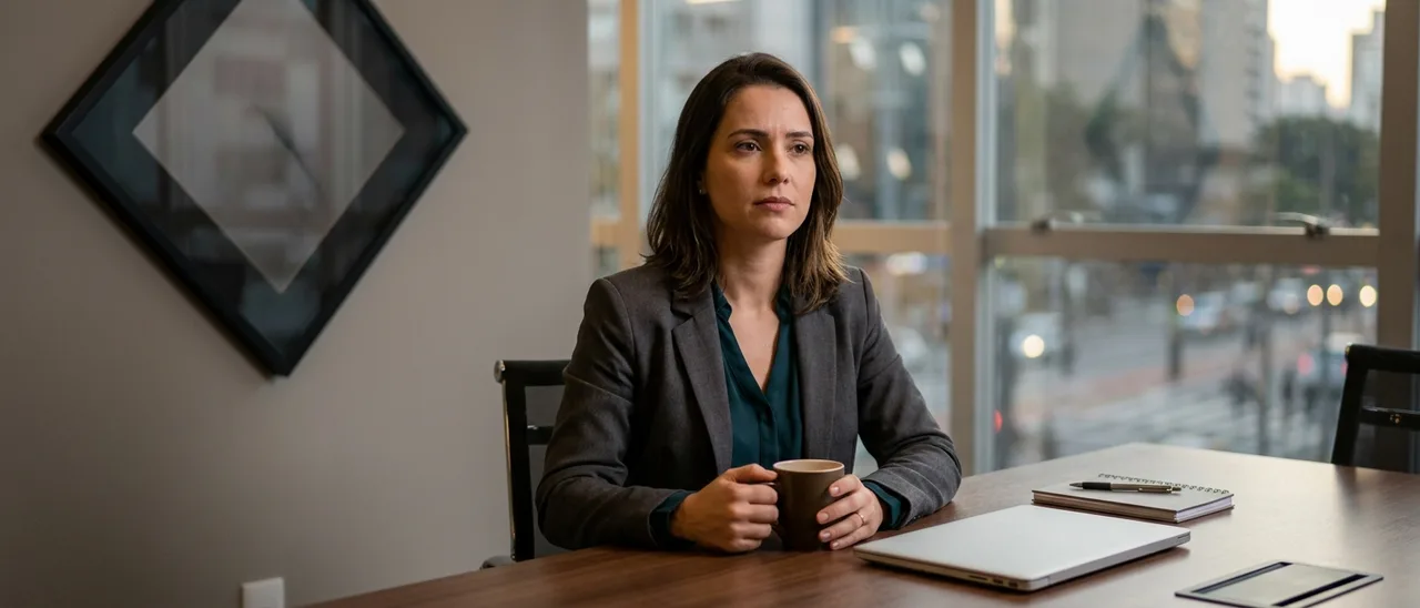 Mulher de blazer cinza sentada a mesa de reunião segura caneca com as duas mãos, laptop fechado ao lado e janela com vista da cidade