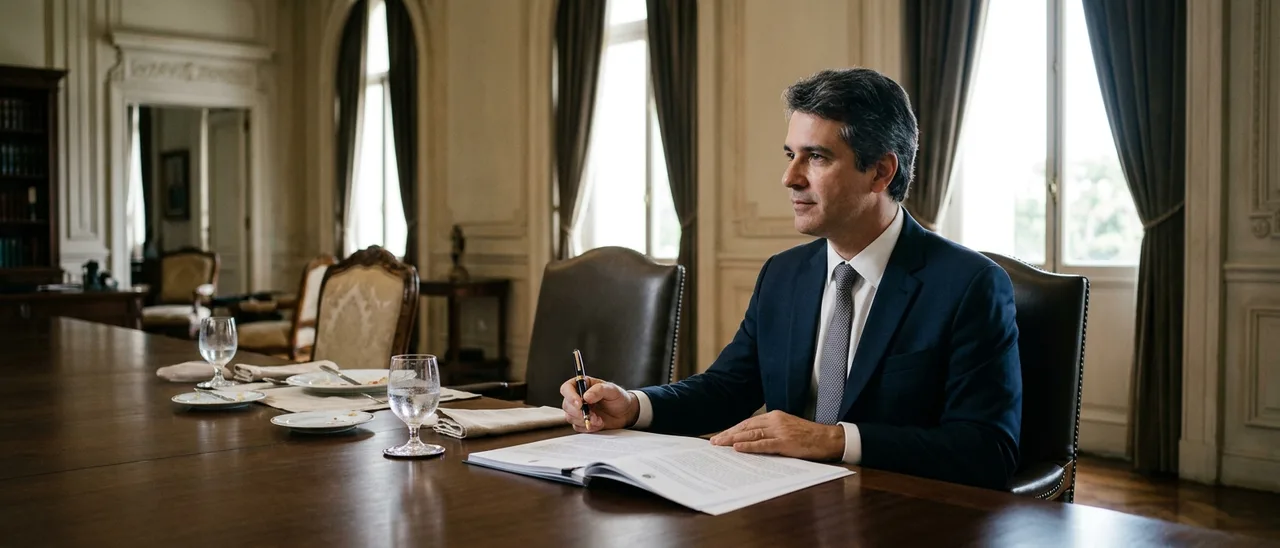 Homem de terno azul-escuro sentado a uma longa mesa de madeira em sala oficial, segurando caneta sobre documento, com pratos e copos ao lado.