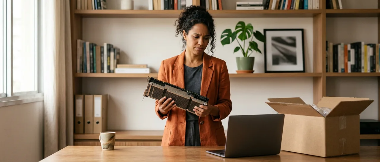 Mulher de blazer laranja em escritório doméstico examina com expressão de dúvida uma placa de vídeo; ao lado, laptop e caixa de papelão aberta.