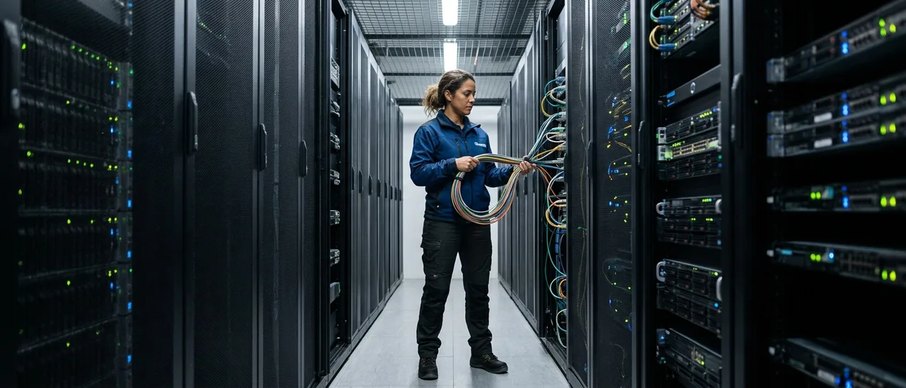 Engenheira de jaqueta azul segura feixe de cabos de fibra óptica em corredor entre racks de servidores com luzes acesas.